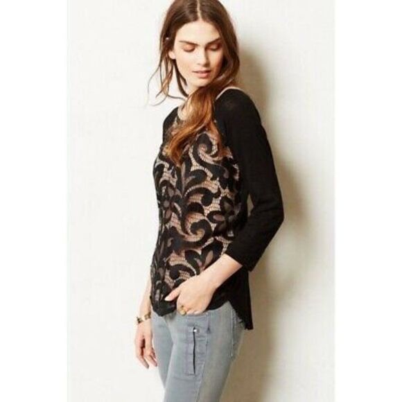Anthropologie Dolan T-shirt Top Black Nude Lace Filigree 3/4 Sleeve - Picture 1 of 9